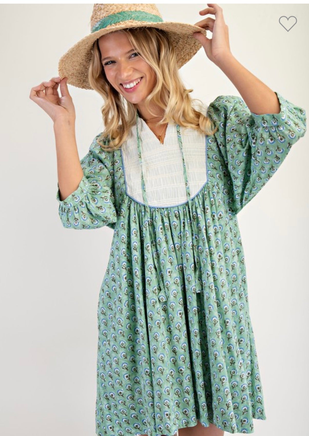 Emerald Dandelion Printed Tie Neck String Dress