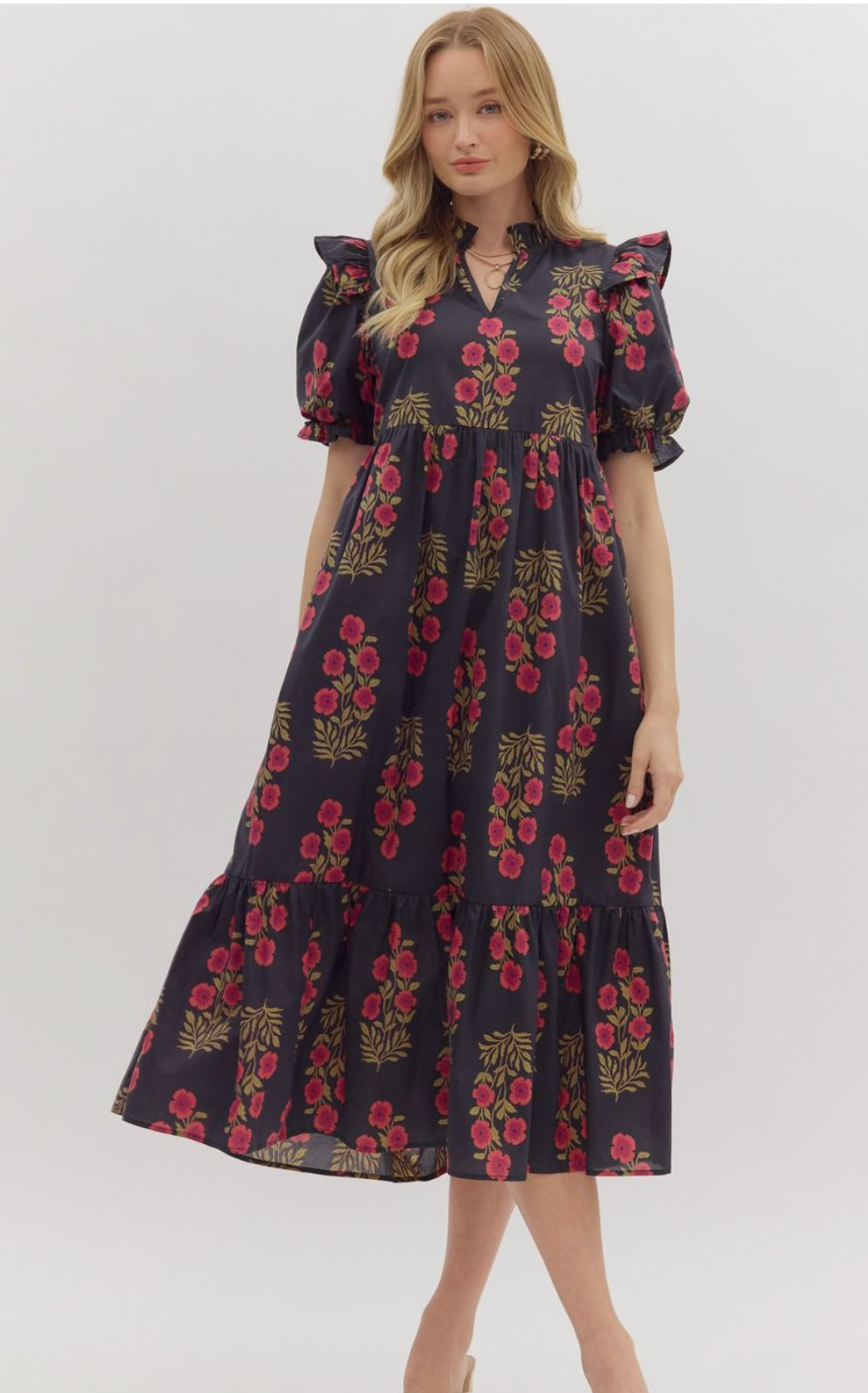 Black and Poppy Floral Midi Dress