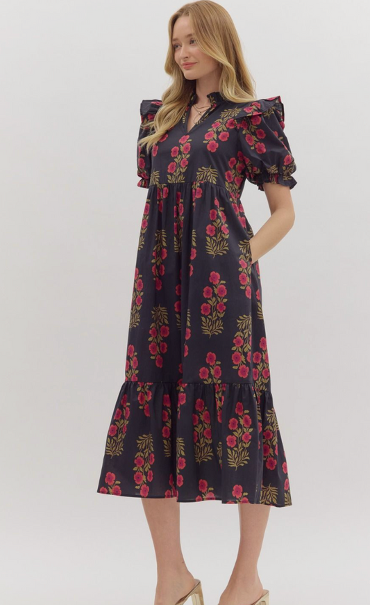 Black and Poppy Floral Midi Dress
