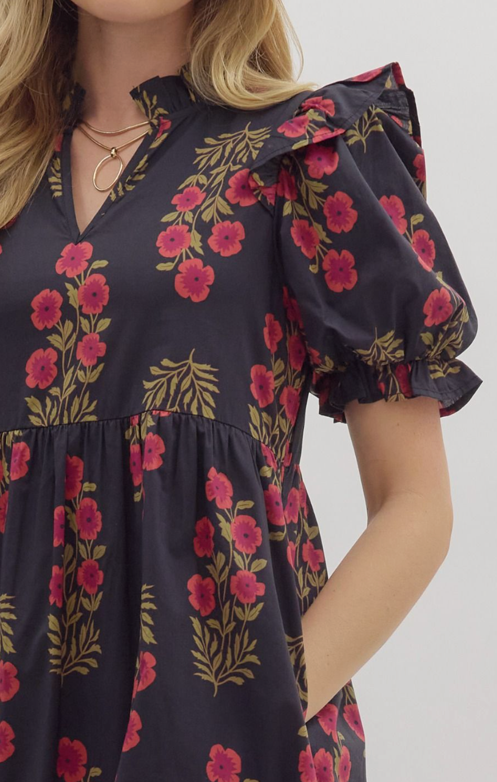 Black and Poppy Floral Midi Dress