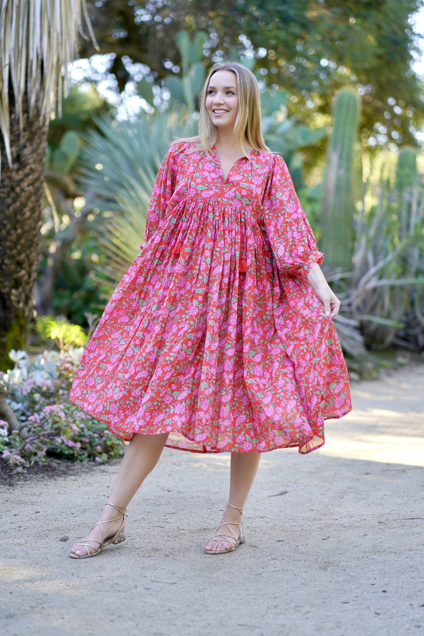 Mylah Midi Dress Block Printed Coral Multi