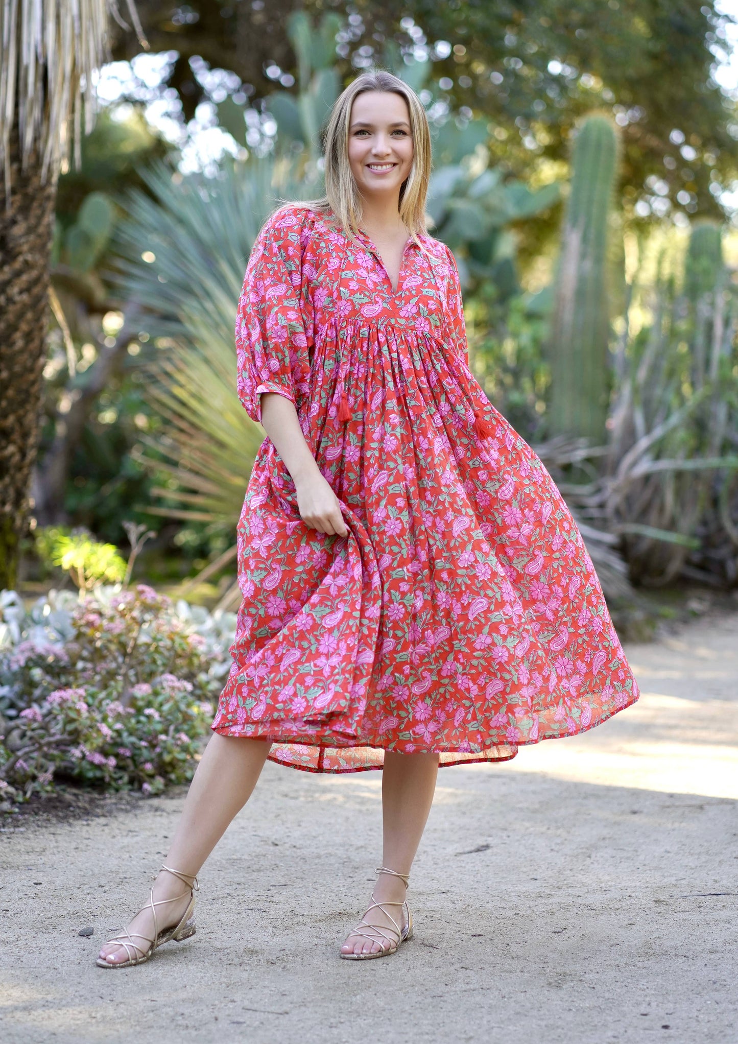 Mylah Midi Dress Block Printed Coral Multi